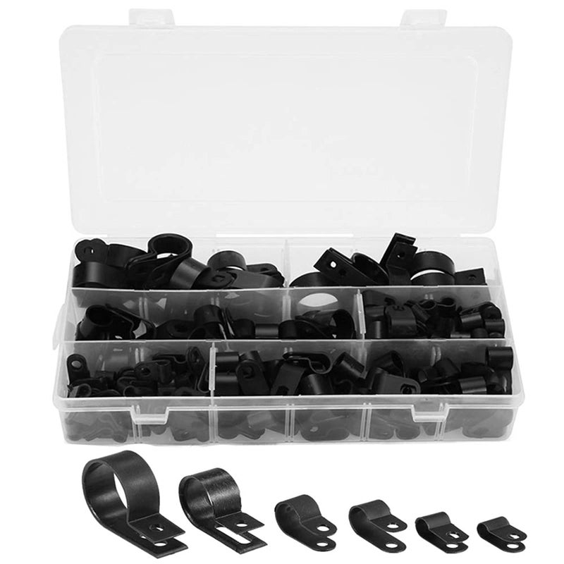 Orgrimmar 200 Pcs Black Nylon Plastic R-Type Cable Clamps 3/16" 1/4" 3/8" 1/2" 3/4" 1" Clips Fasteners Assortment for Cable Conduit - Image 1